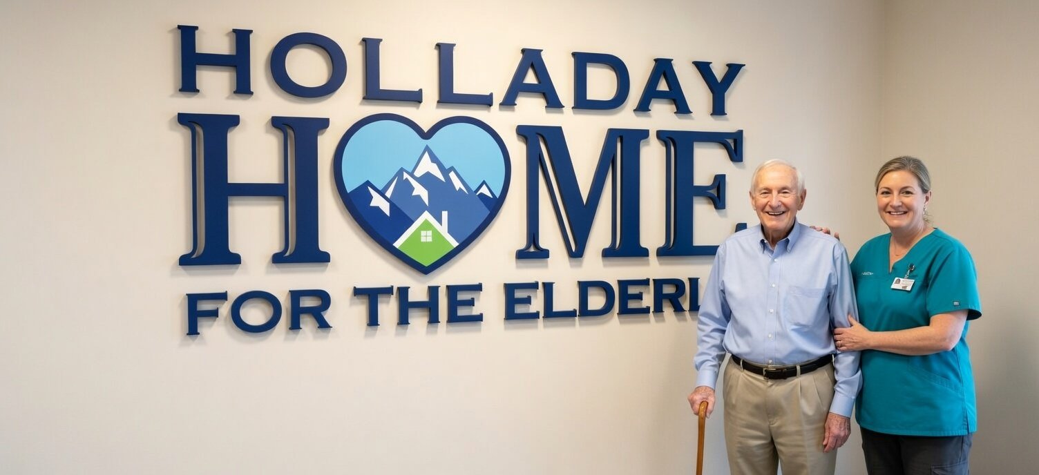 Common Questions Families Ask When Touring Small Assisted Living Homes in Utah logo on wall with man
